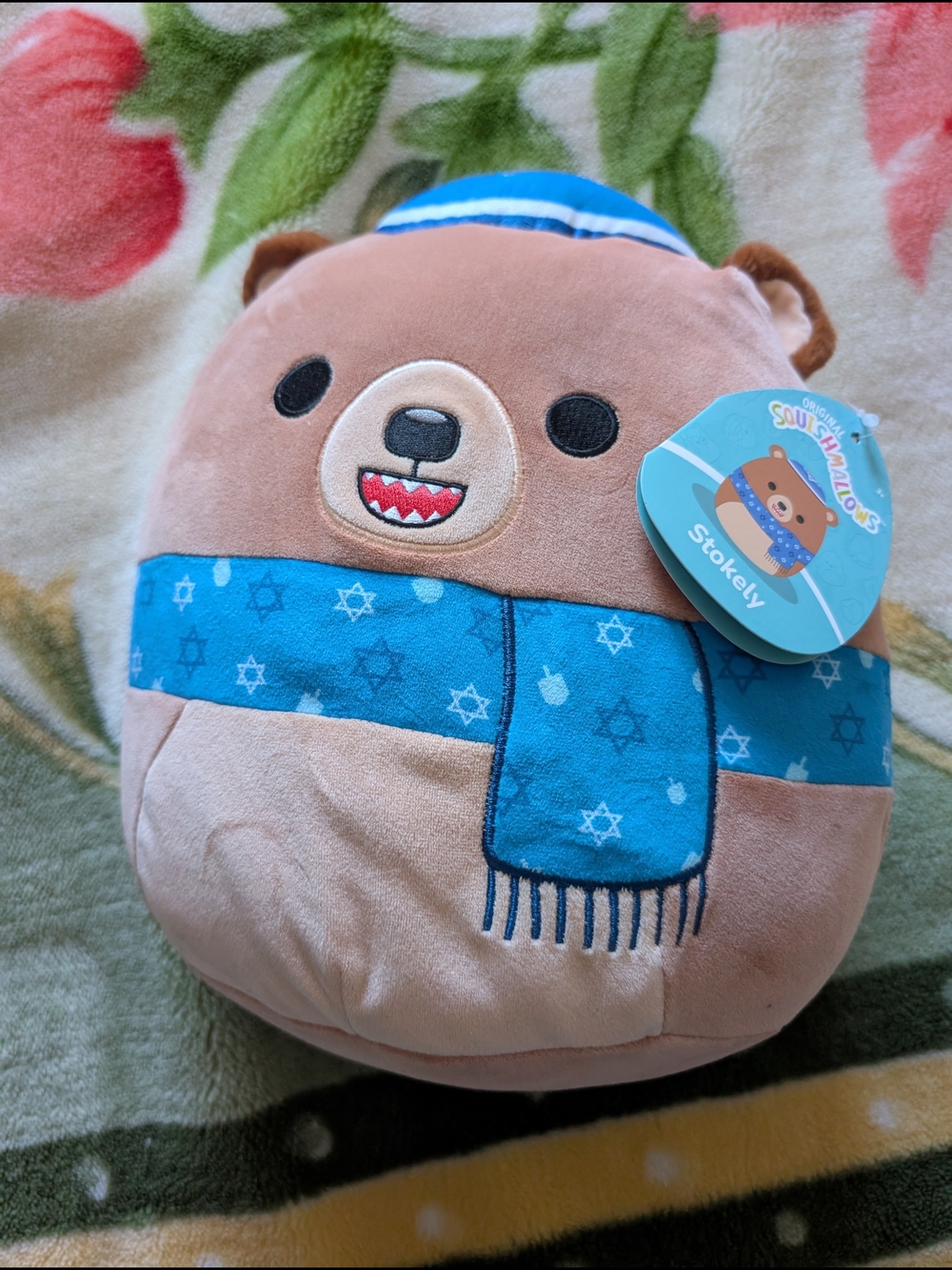Squishmallow-Style Bear Plush in Tan with Blue Scarf